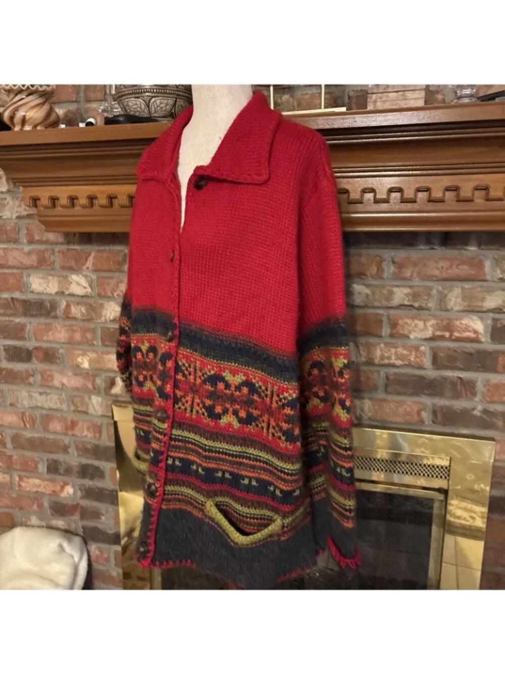 Valarie Stevens II Red Heavy Fair Isle Wool Cardigan Size 2X